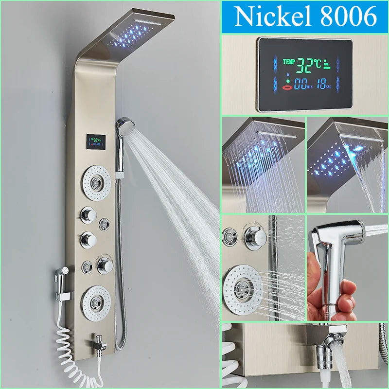Golden LED Blue Light Bathroom Shower System With Temperature Display Multifunctional Massage Shower Column Waterfall  Rainfall