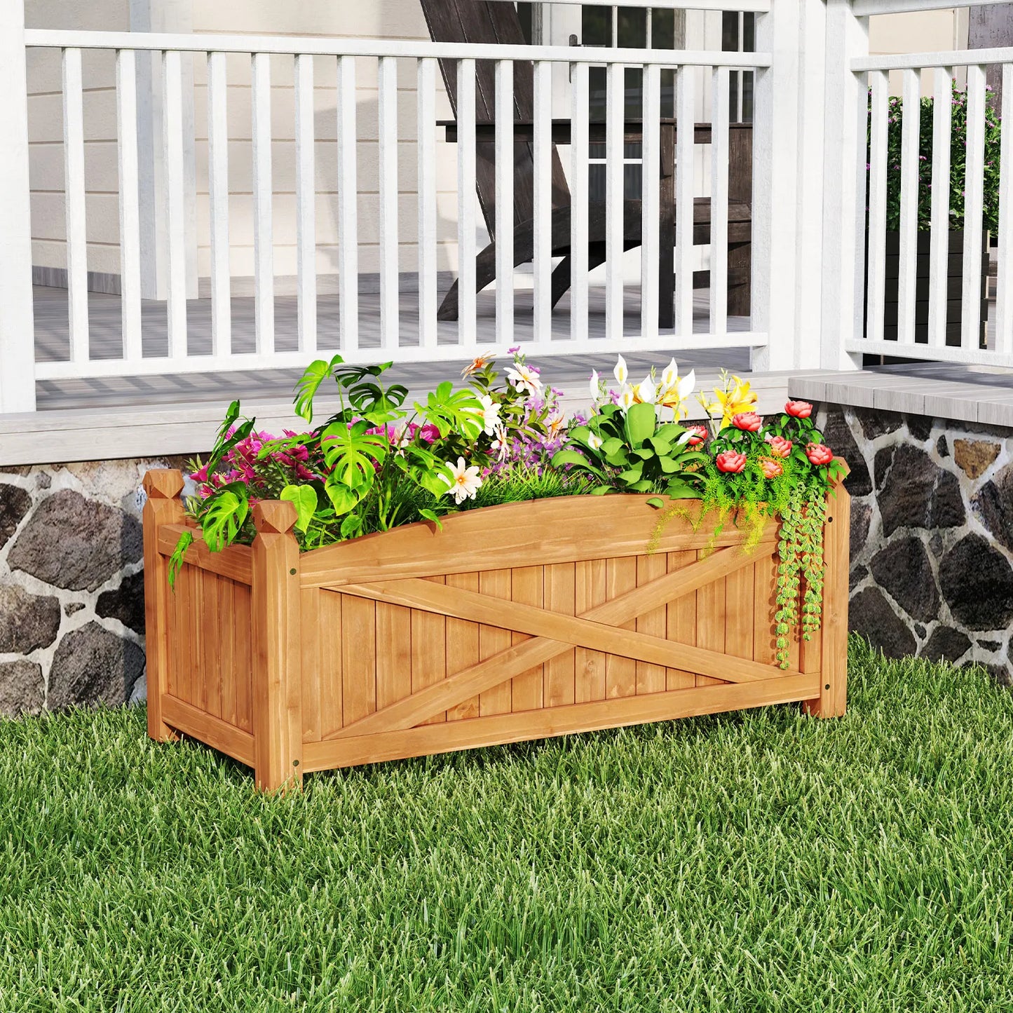 Wooden Raised Garden Bed Elevated Outdoor Planter Box w/Drainage Holes for Patio