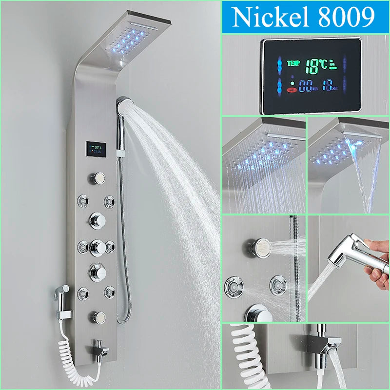 Golden LED Blue Light Bathroom Shower System With Temperature Display Multifunctional Massage Shower Column Waterfall  Rainfall