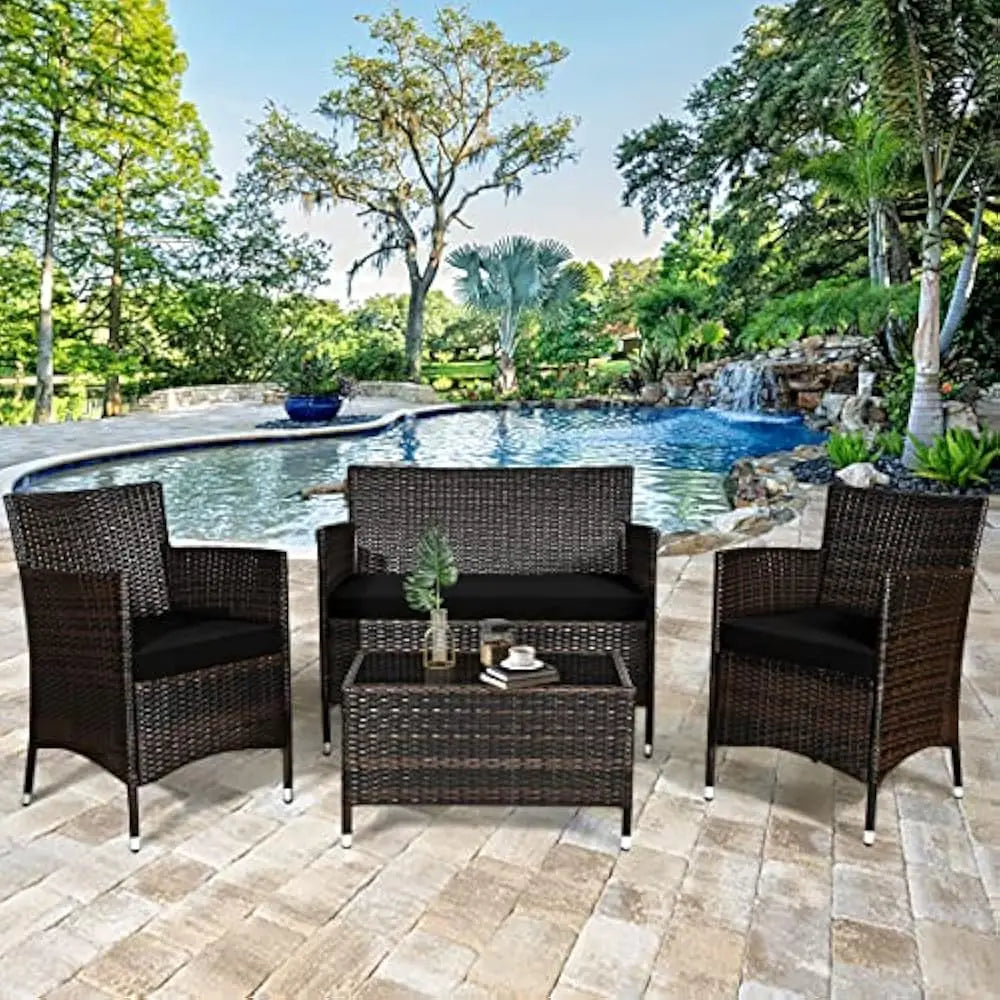 4-Piece Rattan Patio Set, Wicker Conversation Set for Pool, Backyard, Lawn, Wickers Chairs and Sofa with Soft Cushion