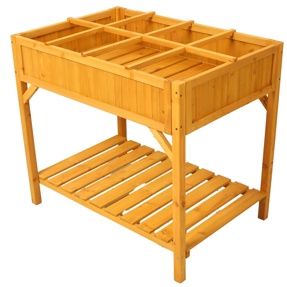 Raised Garden Bed with Legs, Wooden Elevated Planter Box with 8 Grids Divider & Protective Liner, Standing Garden Planter Bed
