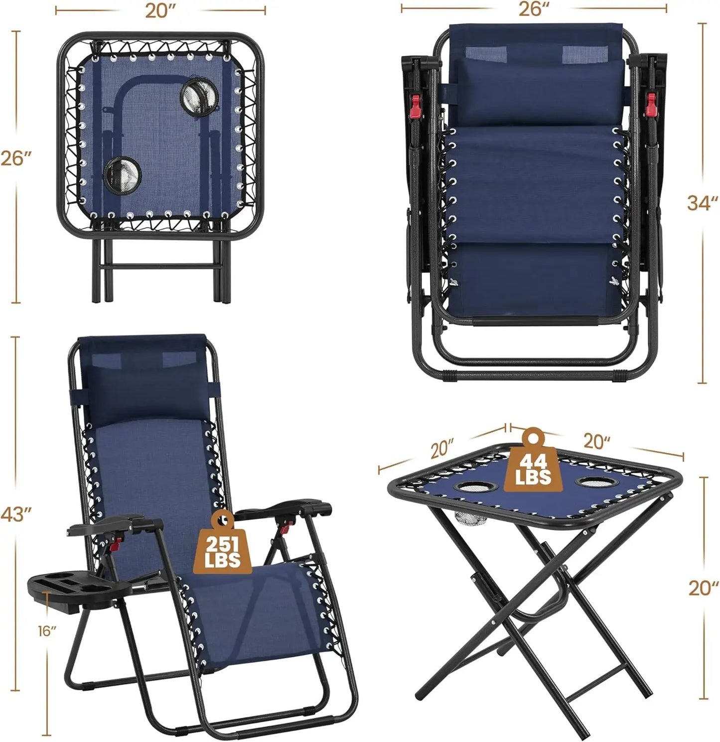 3PCS Zero Gravity Recliner Portable Outdoor Reclining Chair Set w/Side Table Folding Chaise Lounge Chairs for Patio Beach Deck G