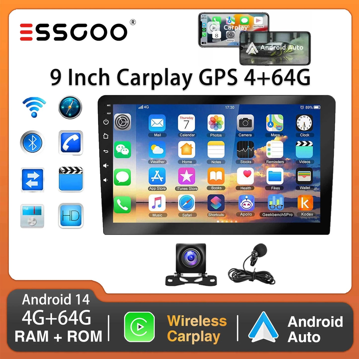 ESSGOO 9Inch 2 DIN Car Stereo Radio Wirless Carplay Android Auto Car Stereo Bluetooth 64G GPS Navigation RDS WiFi USB FM DAB+CAM