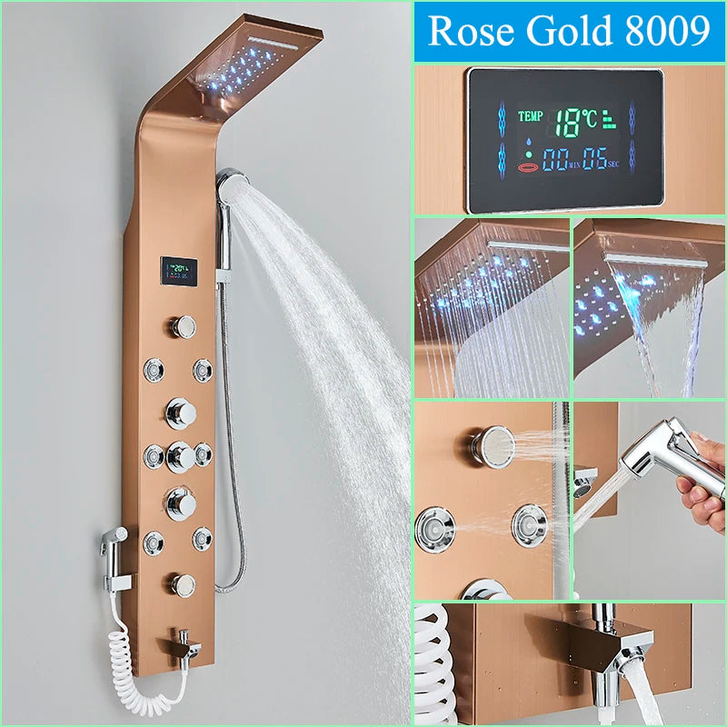 Golden LED Blue Light Bathroom Shower System With Temperature Display Multifunctional Massage Shower Column Waterfall  Rainfall