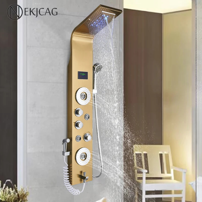 Golden LED Blue Light Bathroom Shower System With Temperature Display Multifunctional Massage Shower Column Waterfall  Rainfall