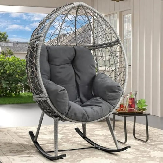 Wicker Rocking Egg Chair, Rattan Rocking Chairs, Indoor/Outdoor Lounger for Patio, Backyard, Living Room, Garden Egg Chair