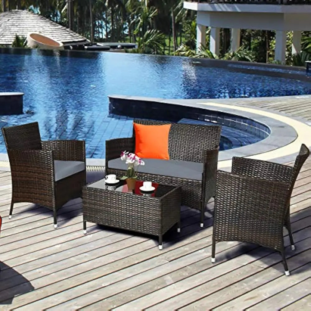 4-Piece Rattan Patio Set, Wicker Conversation Set for Pool, Backyard, Lawn, Wickers Chairs and Sofa with Soft Cushion