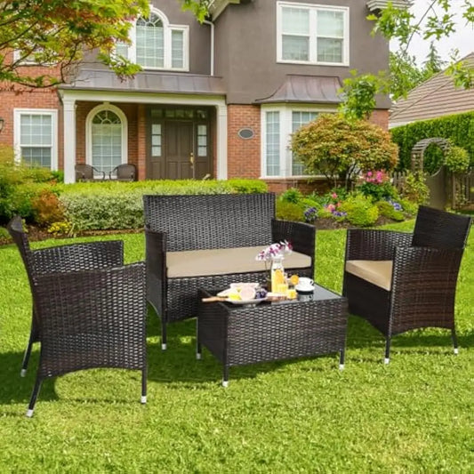 4-Piece Rattan Patio Set, Wicker Conversation Set for Pool, Backyard, Lawn, Wickers Chairs and Sofa with Soft Cushion