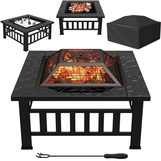 32" Patio Square Fire Pit Table for Patio Backyard BBQ, Ice Storage with Mesh Lid, Poker and Cover, Black