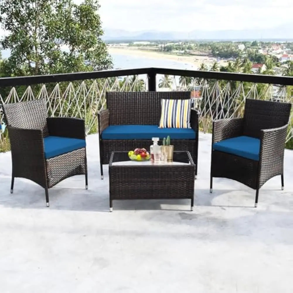 4-Piece Rattan Patio Set, Wicker Conversation Set for Pool, Backyard, Lawn, Wickers Chairs and Sofa with Soft Cushion
