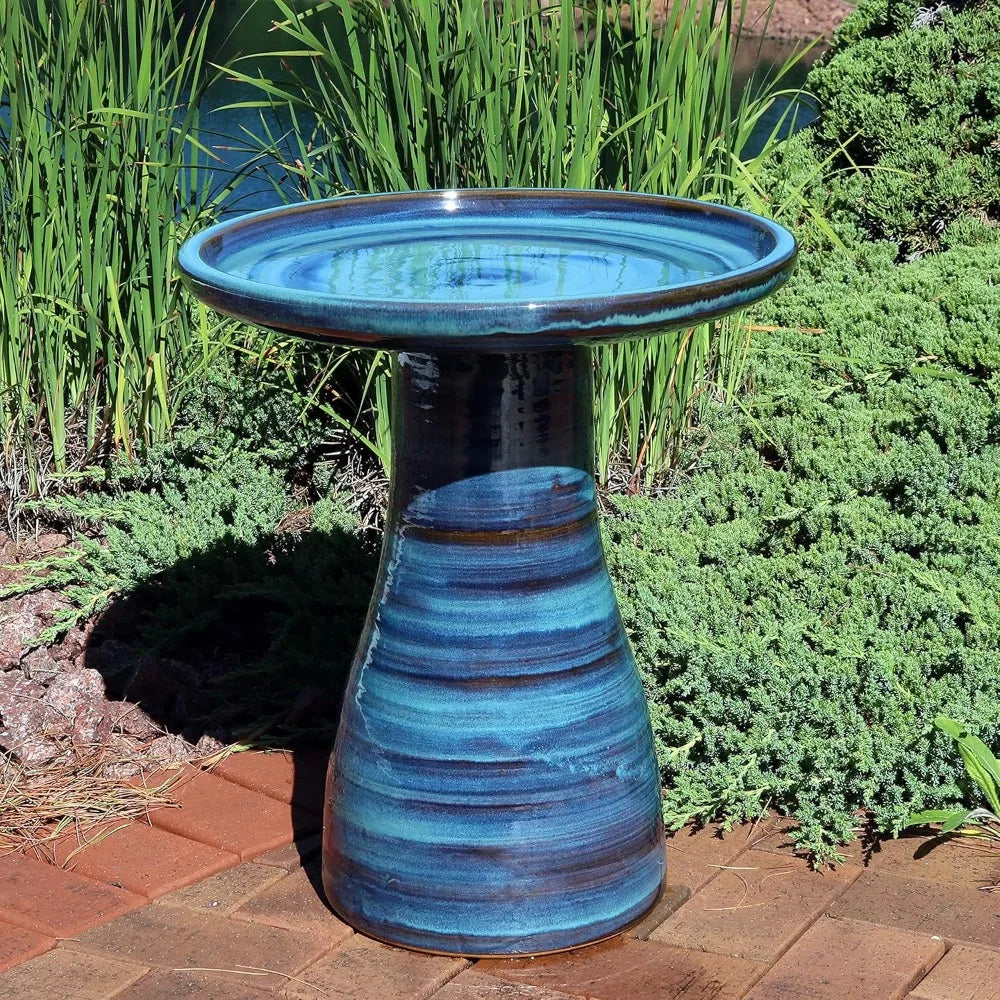 Sunnydaze 21" H Ceramic Bird Bath for Outside - Hand-Painted Outdoor Bird Bath Bowl, UV/Frost-Resistant Finish - Galaxy Blue - C