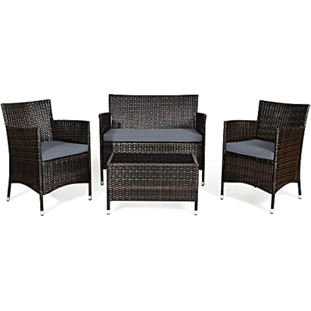 4-Piece Rattan Patio Set, Wicker Conversation Set for Pool, Backyard, Lawn, Wickers Chairs and Sofa with Soft Cushion