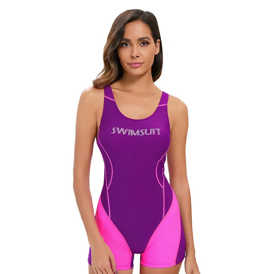 2024 New Purple Sports One Piece Bikini Women Color Blocking Sport Swimming Bodysuit Tankini Conservative Tankini Swimwear
