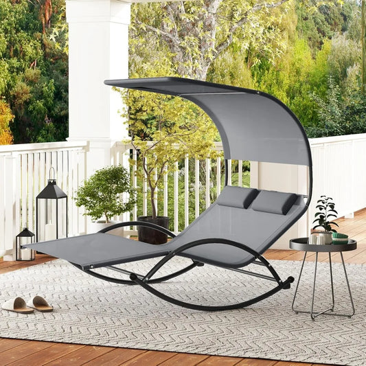 Outdoor Chaise Lounge Rocker, 2-Person Rocking Daybed Sun Lounger with Sun Shade Canopy & Headrest Pillows,