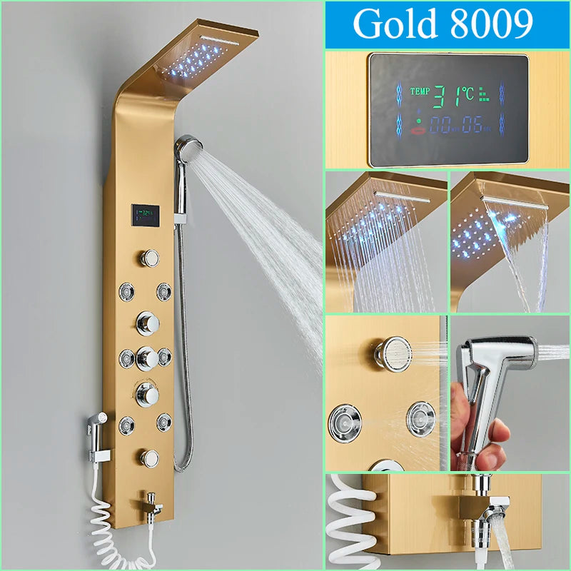 Golden LED Blue Light Bathroom Shower System With Temperature Display Multifunctional Massage Shower Column Waterfall  Rainfall