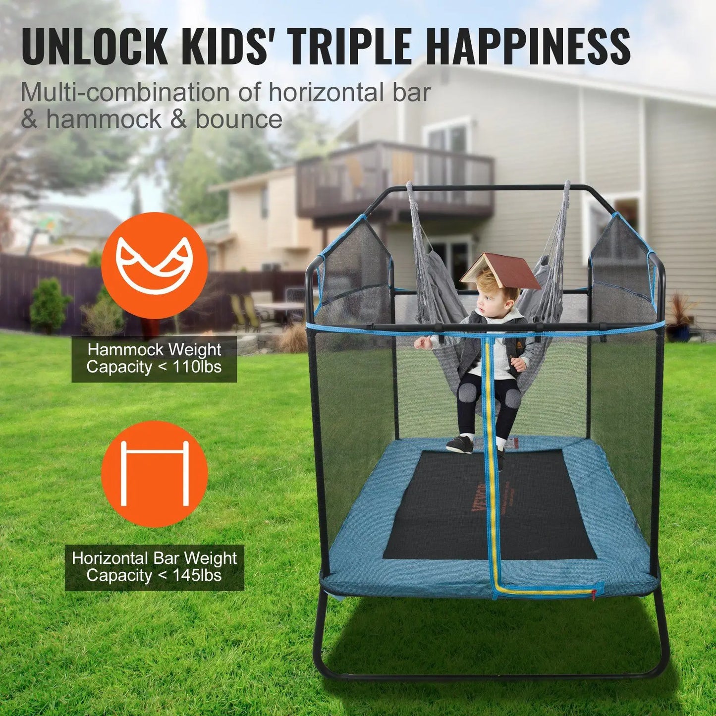 6FT Kids Trampoline, 72" Indoor/Outdoor Toddler Trampoline w/ Safety Net, Gymnastics Bar & Hammock - Gift for Ages 3+