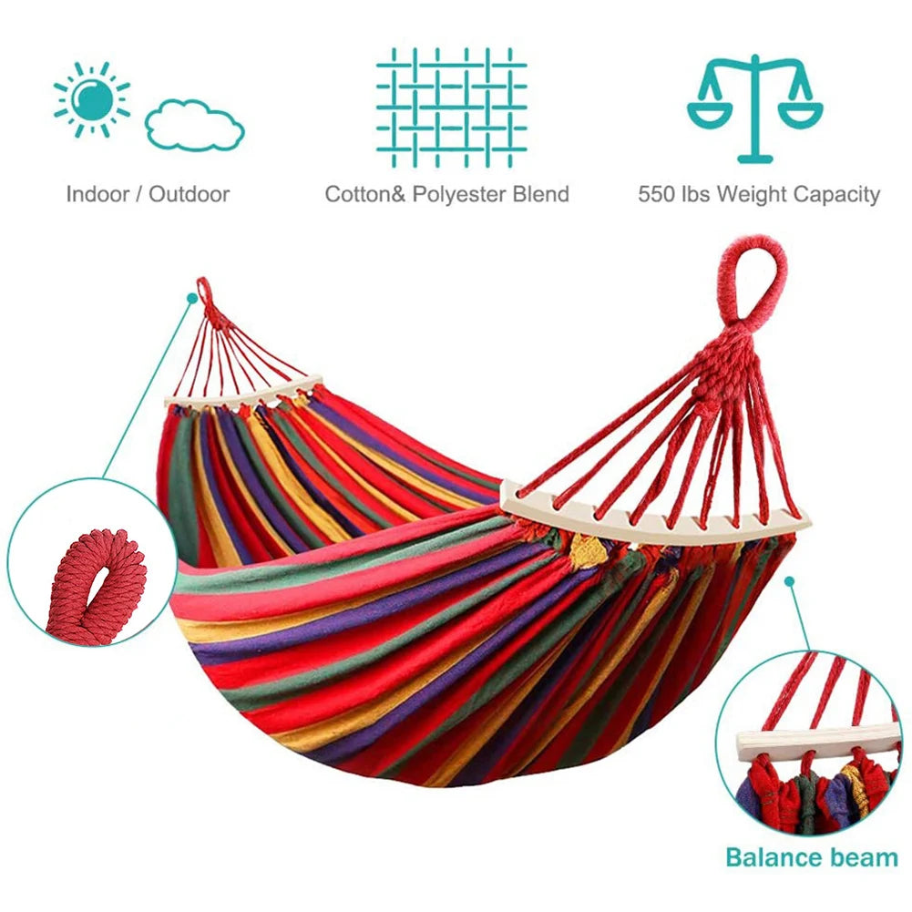 1-2 Person Cotton Rainbow Hanging Bed 264lbs Capacity Stripe Fabric Hammock with Tree Straps for Outdoor Indoor with Carry Bag