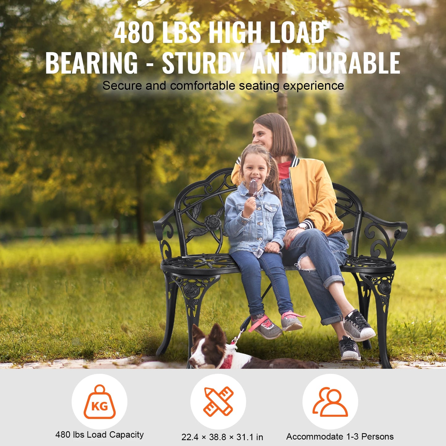 SucceBuy Outdoor Bench Wooden Metal Garden Bench for Outdoors 480 lbs Load Capacity Bench Outdoor Garden Park Bench