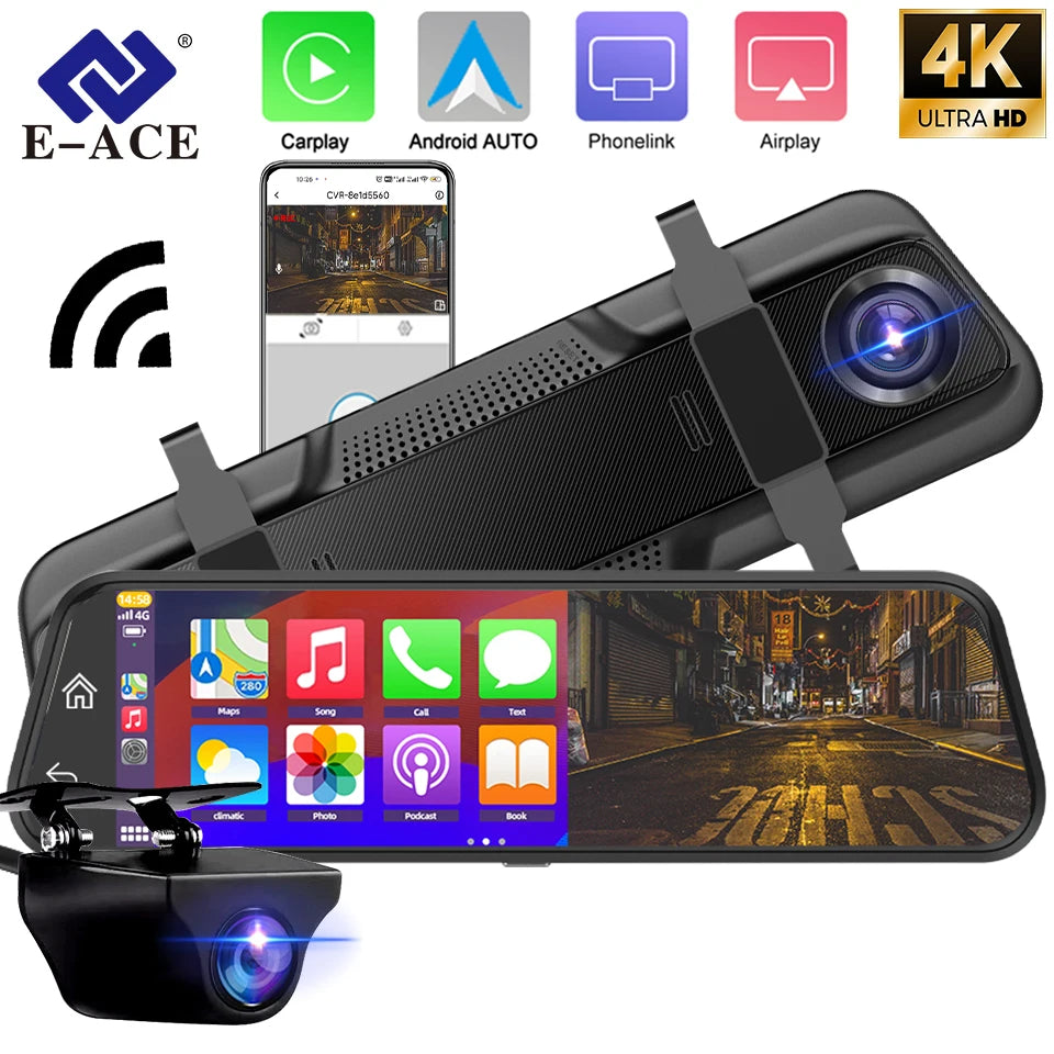 Dash Cam 4K Car Dvr Mirror Wireless Carplay & Android Auto Video Recorder 1080P Rear View Camera GPS Navigation WIFI Black Box