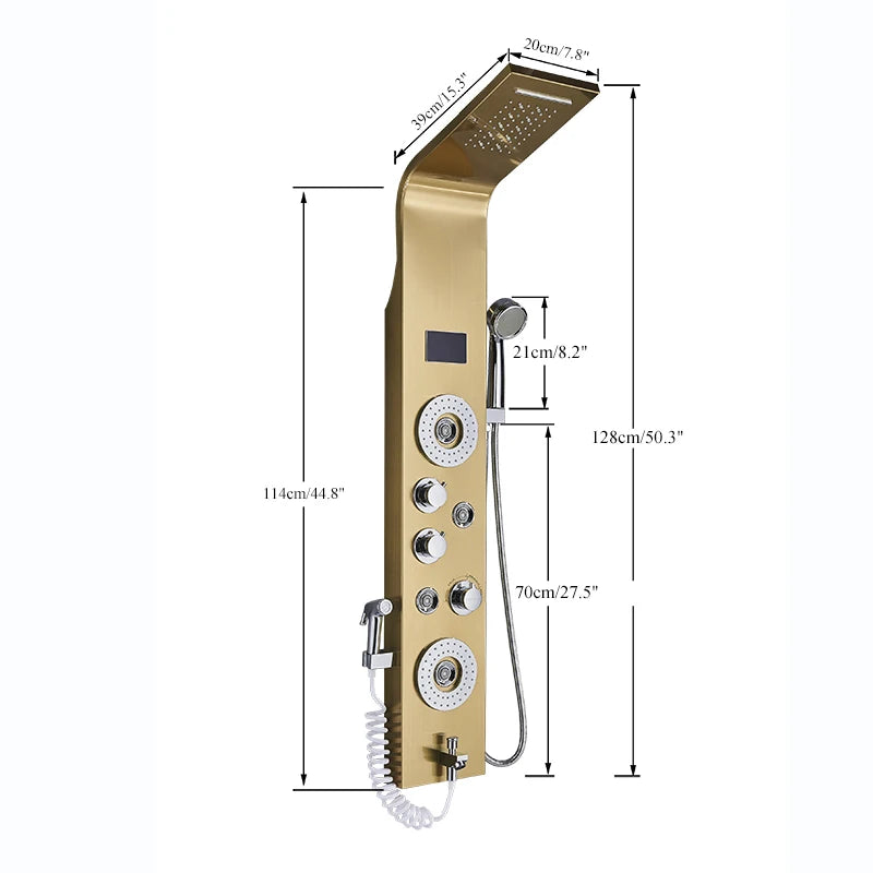 Golden LED Blue Light Bathroom Shower System With Temperature Display Multifunctional Massage Shower Column Waterfall  Rainfall