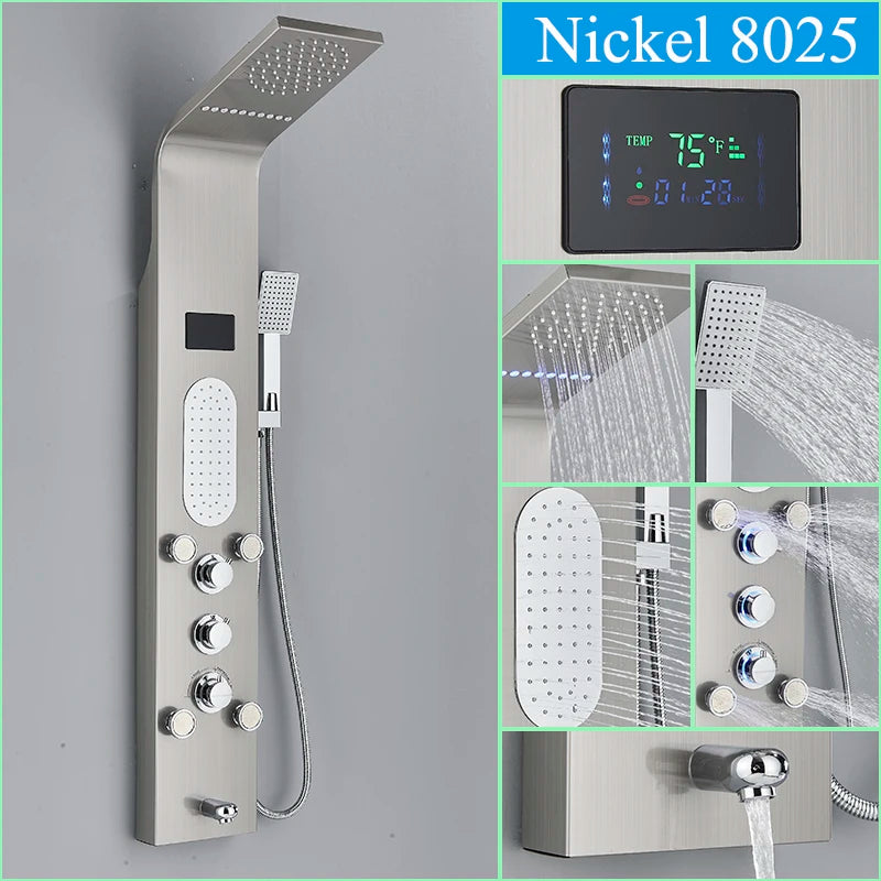 Golden LED Blue Light Bathroom Shower System With Temperature Display Multifunctional Massage Shower Column Waterfall  Rainfall