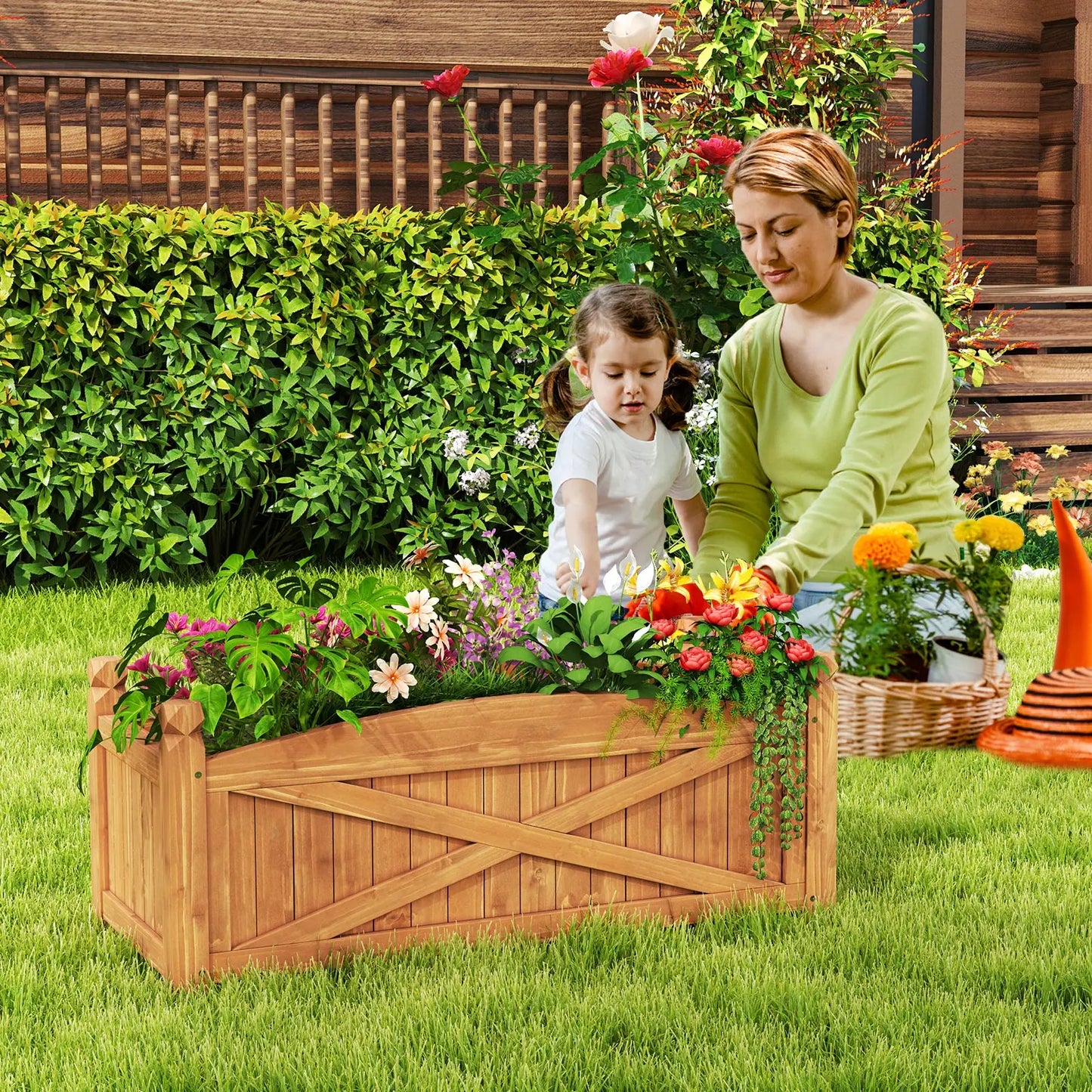Wooden Raised Garden Bed Elevated Outdoor Planter Box w/Drainage Holes for Patio