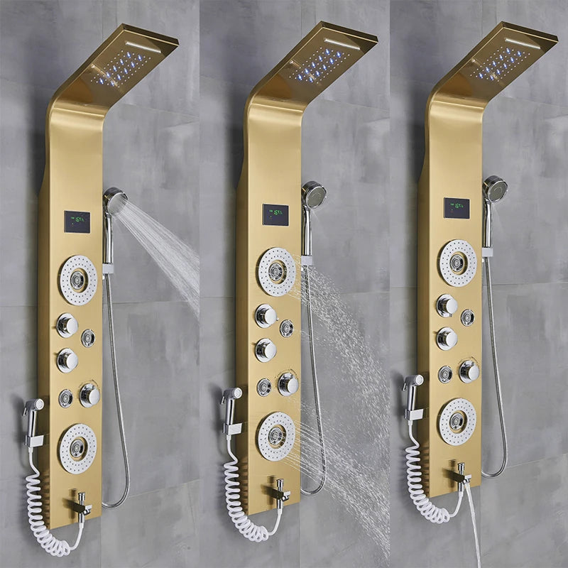 Golden LED Blue Light Bathroom Shower System With Temperature Display Multifunctional Massage Shower Column Waterfall  Rainfall