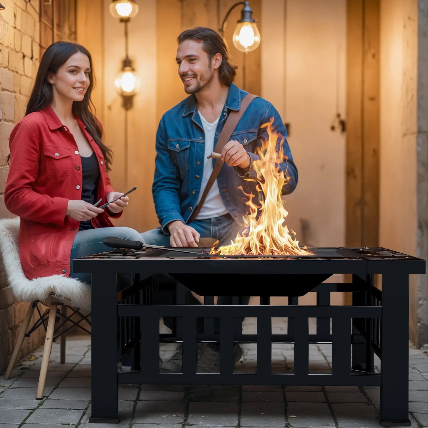 32" Patio Square Fire Pit Table for Patio Backyard BBQ, Ice Storage with Mesh Lid, Poker and Cover, Black