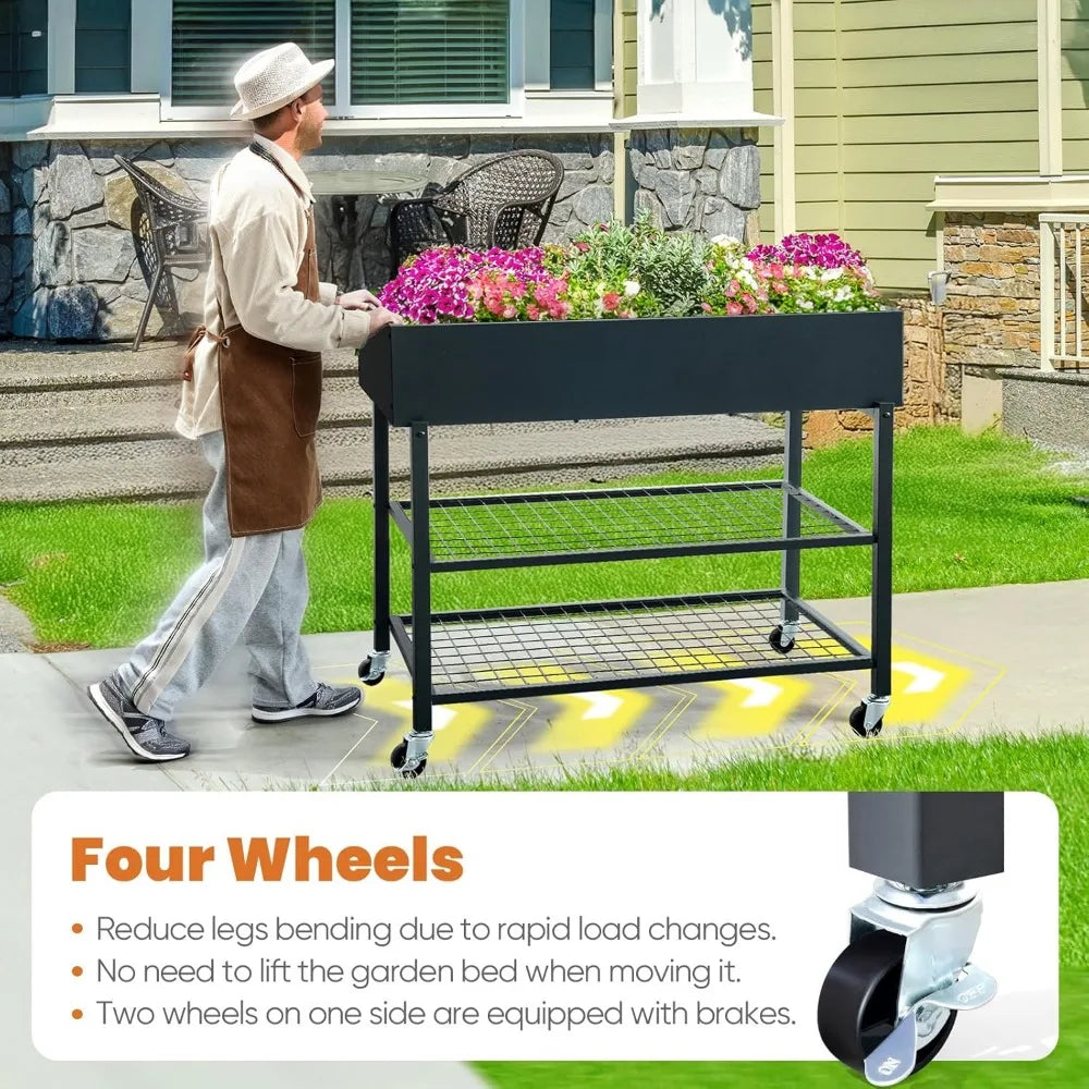 KING BIRD Raised Garden Bed with Legs & Double-Layer Storage Shelf, Galvanized Elevated Planter Box with Lockable Wheels for Bac