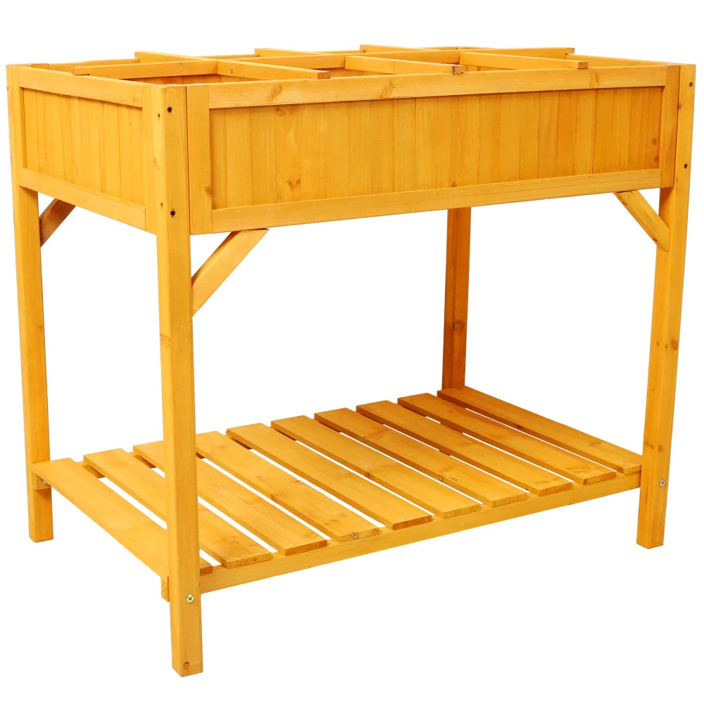 Raised Garden Bed with Legs, Wooden Elevated Planter Box with 8 Grids Divider & Protective Liner, Standing Garden Planter Bed