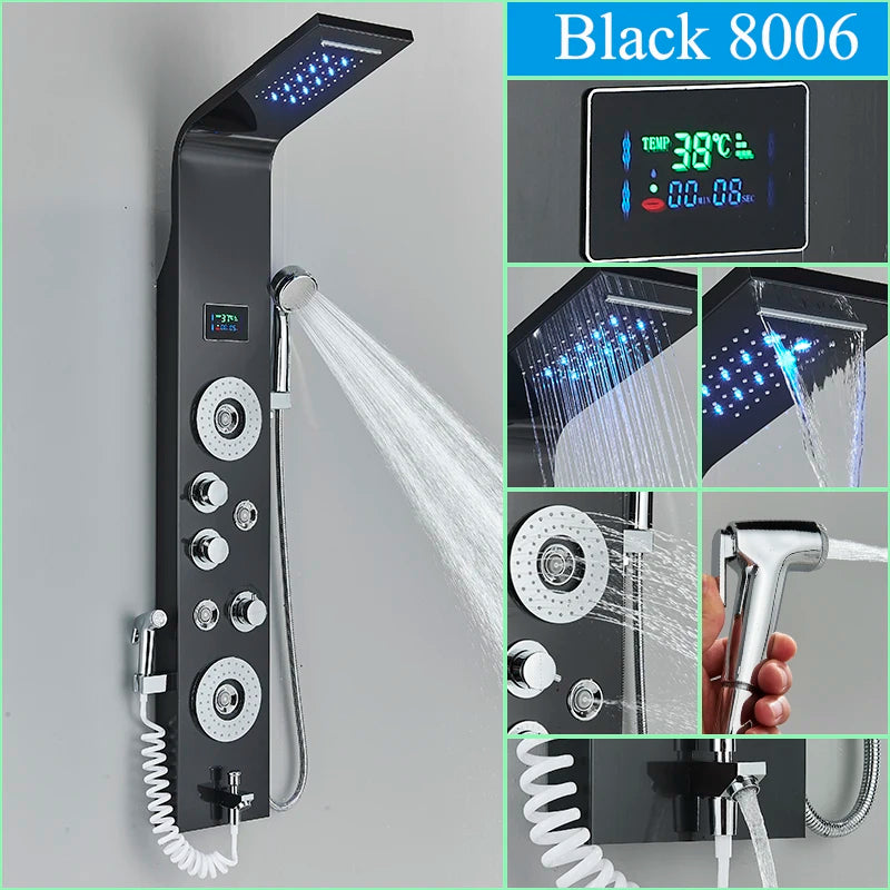 Golden LED Blue Light Bathroom Shower System With Temperature Display Multifunctional Massage Shower Column Waterfall  Rainfall