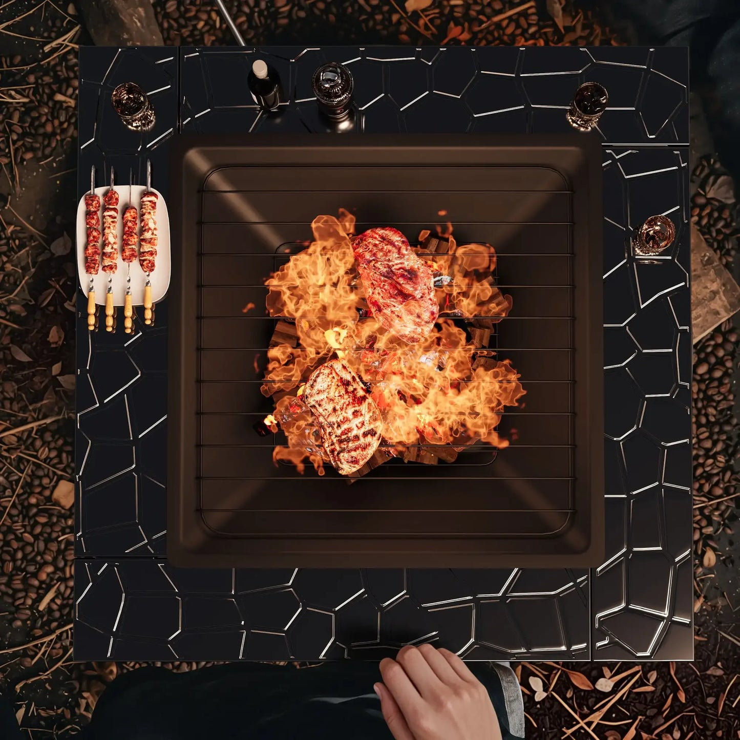 32" Patio Square Fire Pit Table for Patio Backyard BBQ, Ice Storage with Mesh Lid, Poker and Cover, Black