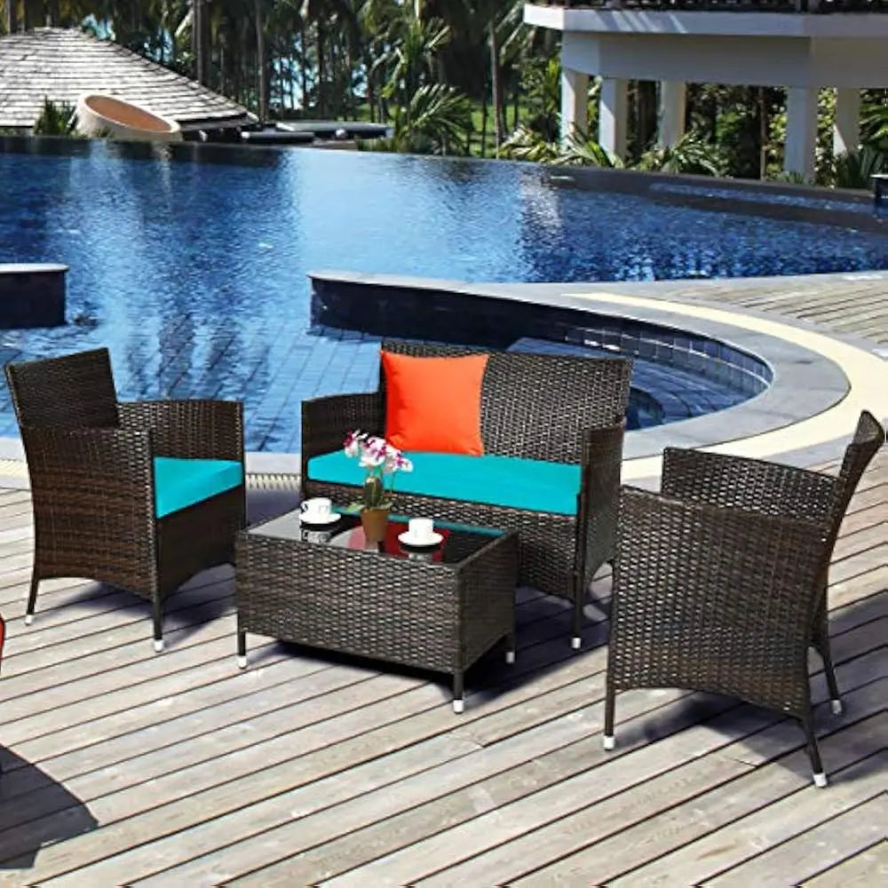 4-Piece Rattan Patio Set, Wicker Conversation Set for Pool, Backyard, Lawn, Wickers Chairs and Sofa with Soft Cushion