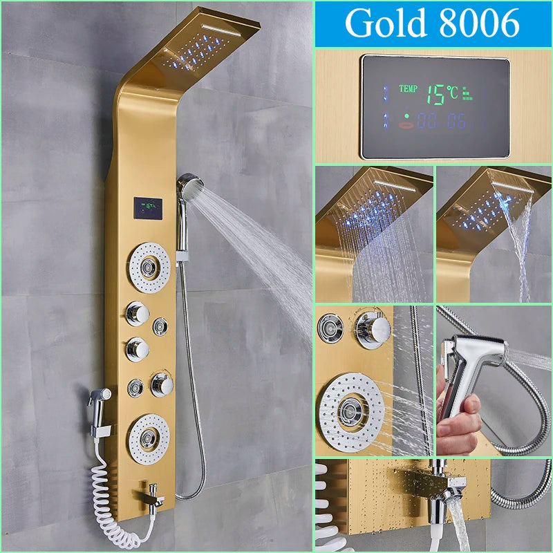 Golden LED Blue Light Bathroom Shower System With Temperature Display Multifunctional Massage Shower Column Waterfall  Rainfall