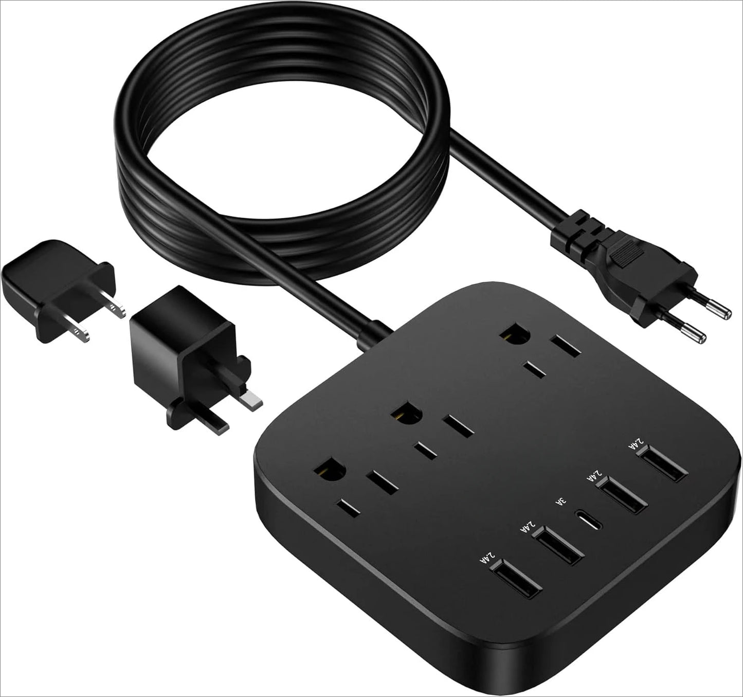 European Travel Adapter, EU/UK/US Power Strip with USB-C, 4 USB Ports, 3 AC Outlets, Wall Mount, 5ft Cord