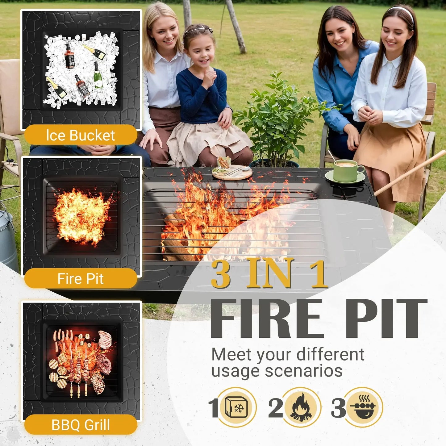 32" Patio Square Fire Pit Table for Patio Backyard BBQ, Ice Storage with Mesh Lid, Poker and Cover, Black