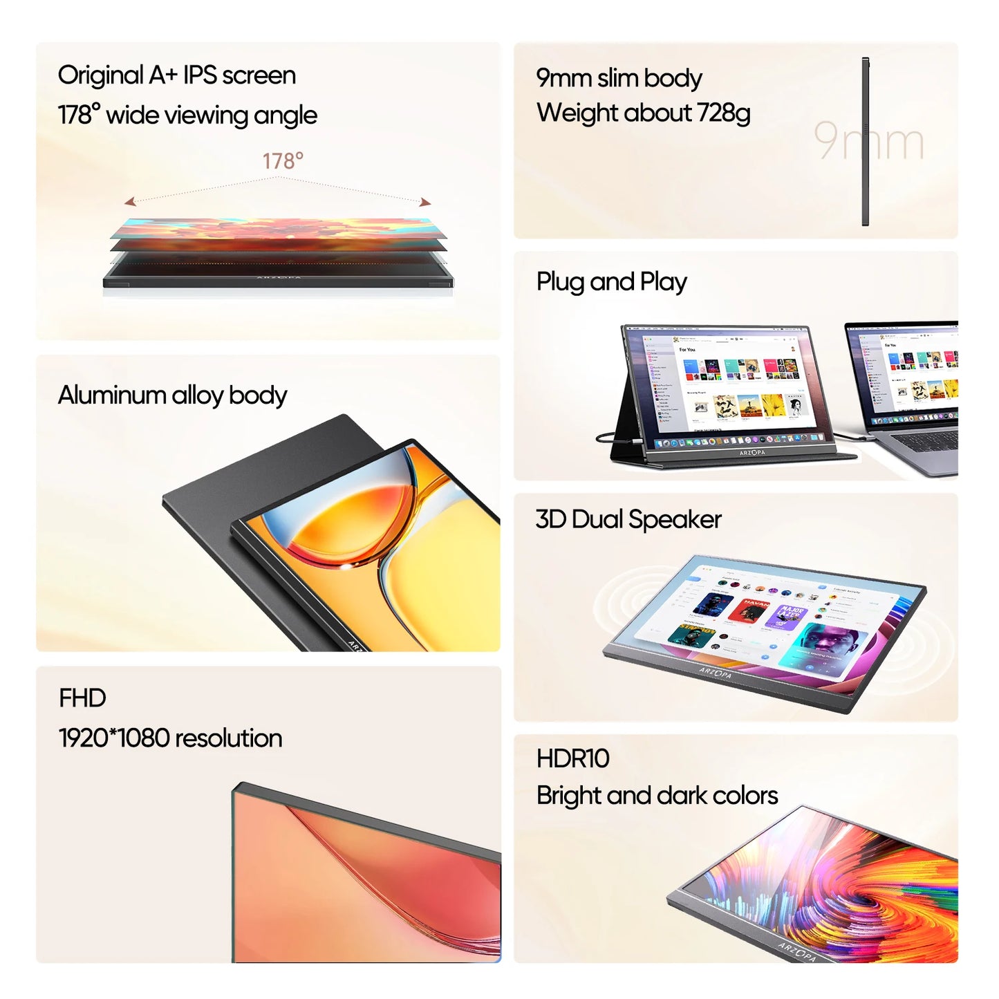 ARZOPA  1080P Portable Monitor 15.6 inch Monitors for Laptop MAC Switch Xbox Phone ps4 PC USB C HDMI-Compatible Computer Display