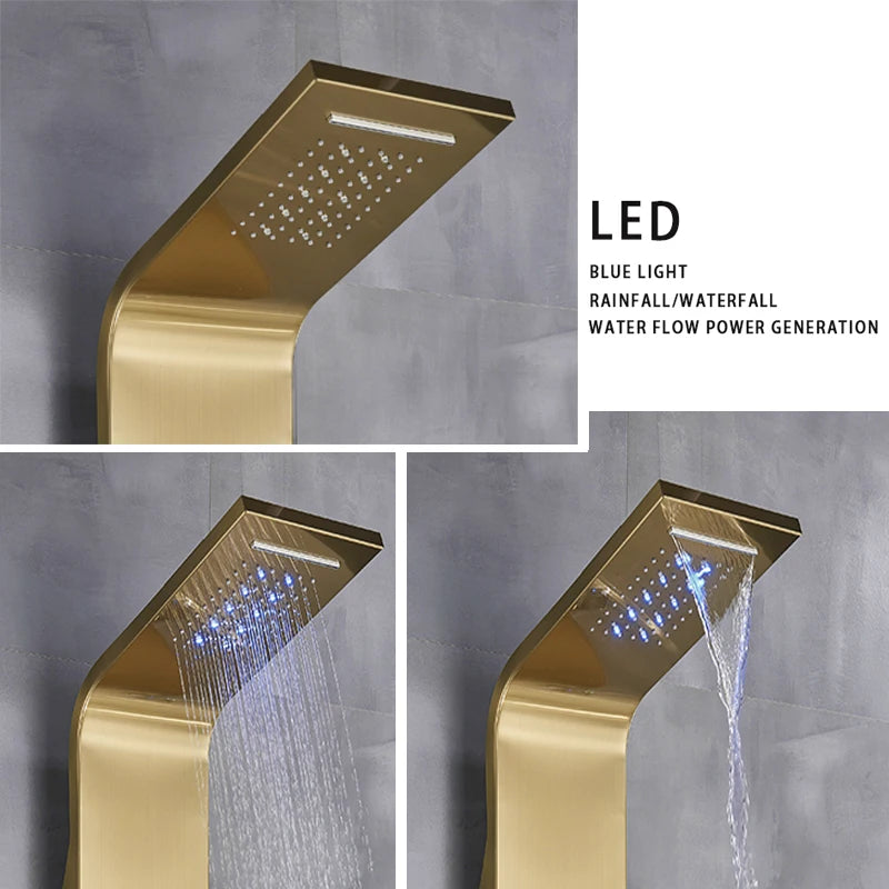 Golden LED Blue Light Bathroom Shower System With Temperature Display Multifunctional Massage Shower Column Waterfall  Rainfall