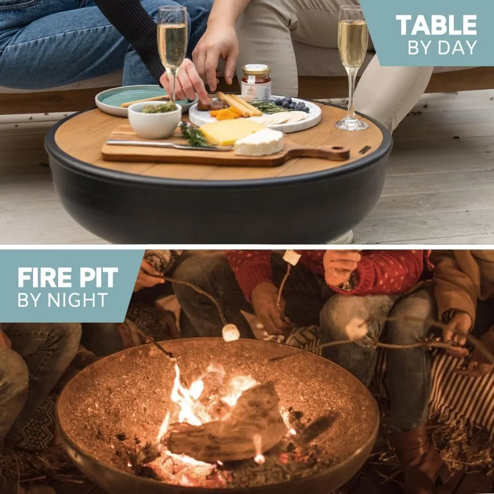Iron Fire Pit Table with Lid, Extra Thick and Heavy Duty Fire Bowl, Deep Round Firepit for Outdoor Bonfire Gatherings, Wood Burn