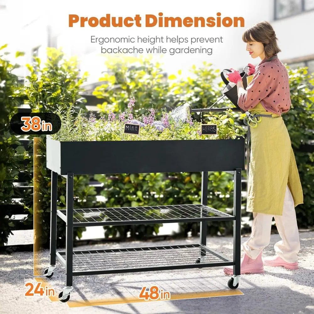 KING BIRD Raised Garden Bed with Legs & Double-Layer Storage Shelf, Galvanized Elevated Planter Box with Lockable Wheels for Bac