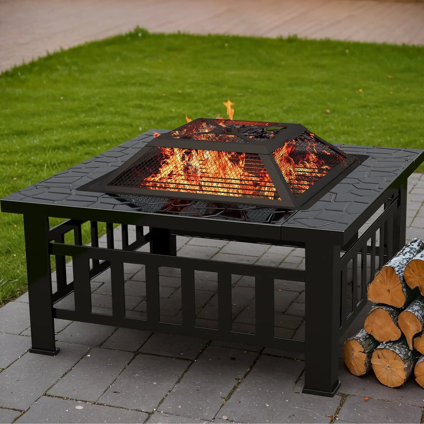 32" Patio Square Fire Pit Table for Patio Backyard BBQ, Ice Storage with Mesh Lid, Poker and Cover, Black
