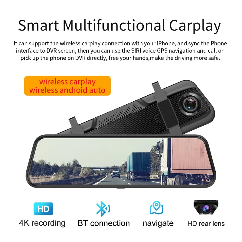 Dash Cam 4K Car Dvr Mirror Wireless Carplay & Android Auto Video Recorder 1080P Rear View Camera GPS Navigation WIFI Black Box