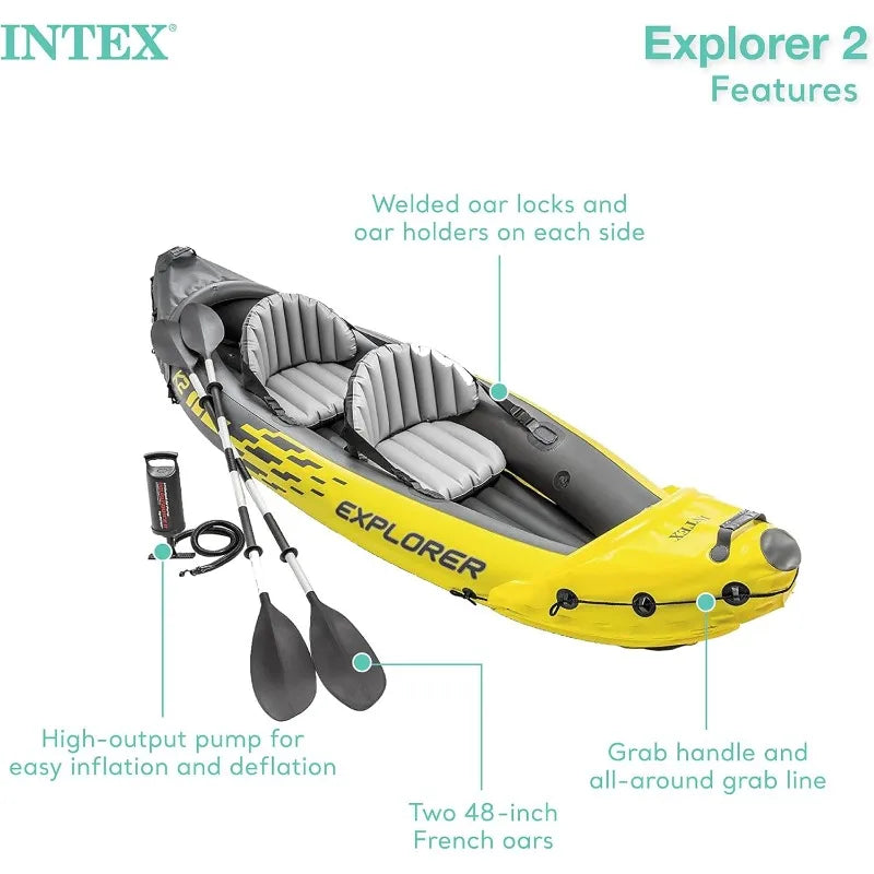 Intex 68307EP Explorer K2 Inflatable Kayak Set: Includes Deluxe 86in Aluminum Oars and High-Output Pump – SuperStrong PVC