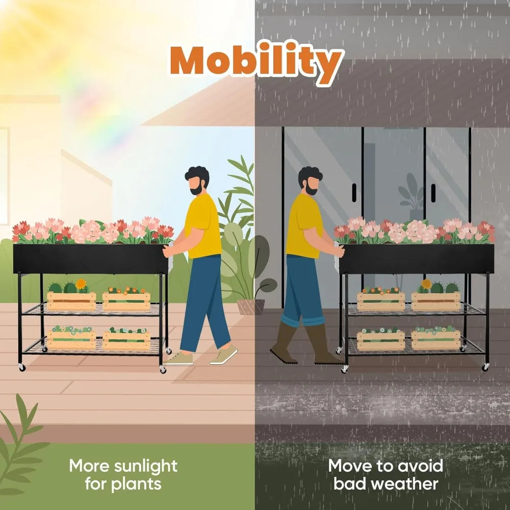 KING BIRD Raised Garden Bed with Legs & Double-Layer Storage Shelf, Galvanized Elevated Planter Box with Lockable Wheels for Bac