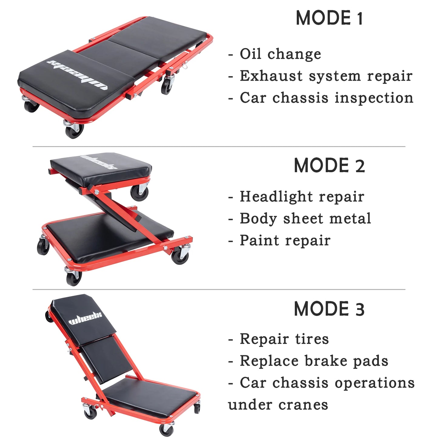 3-in-1 Rolling Mechanic Creeper Z Seat, Foldable Garage Chair Lay Down Sit Lean Back, Under Car Shop Auto Repair, Red Black