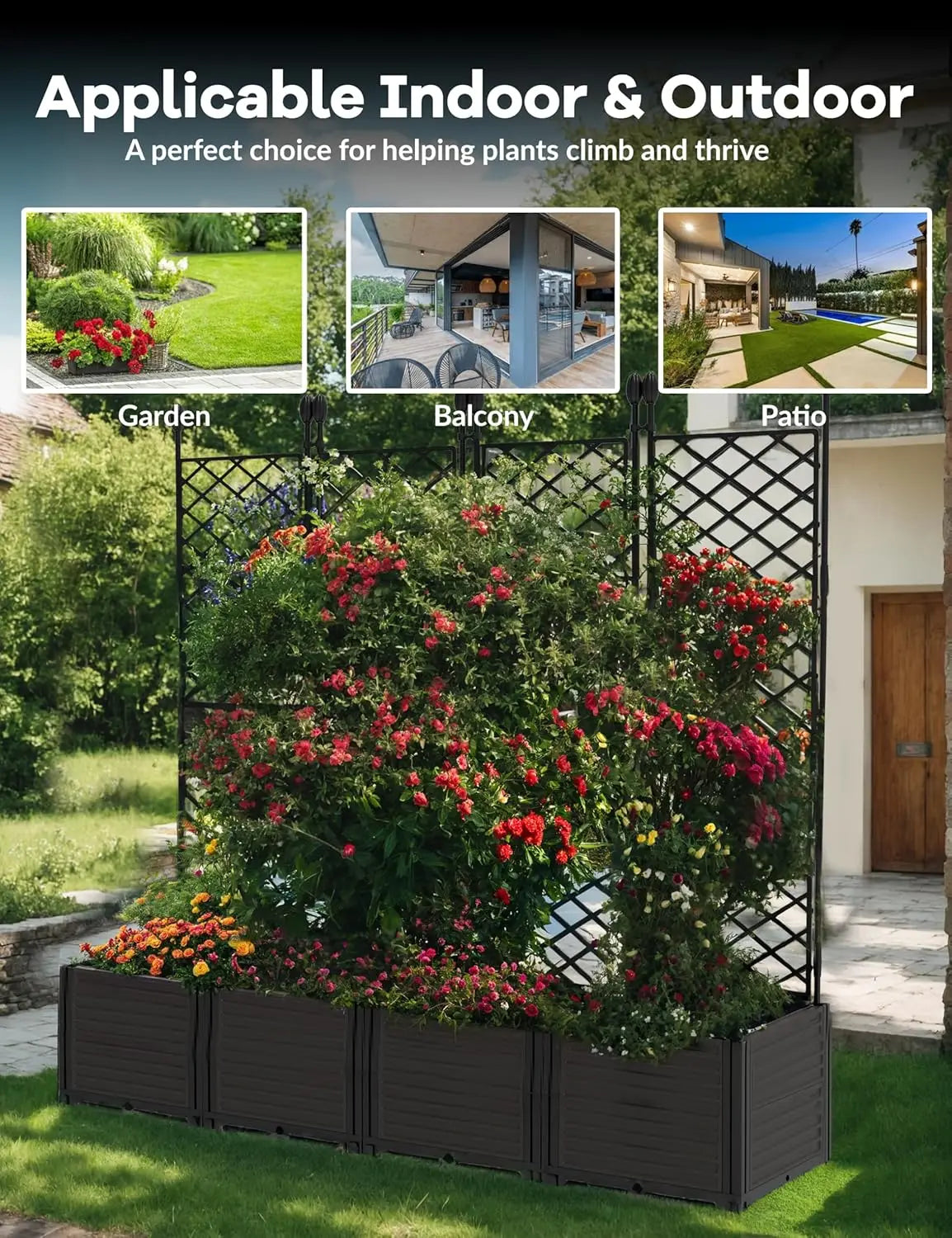Plastic Plant Box with Metal Trellis, Raised Garden Bed with Trellis Planter for Climbing Plant Outdoor Raised Box Privacy Scree