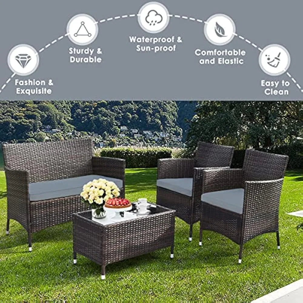 4-Piece Rattan Patio Set, Wicker Conversation Set for Pool, Backyard, Lawn, Wickers Chairs and Sofa with Soft Cushion