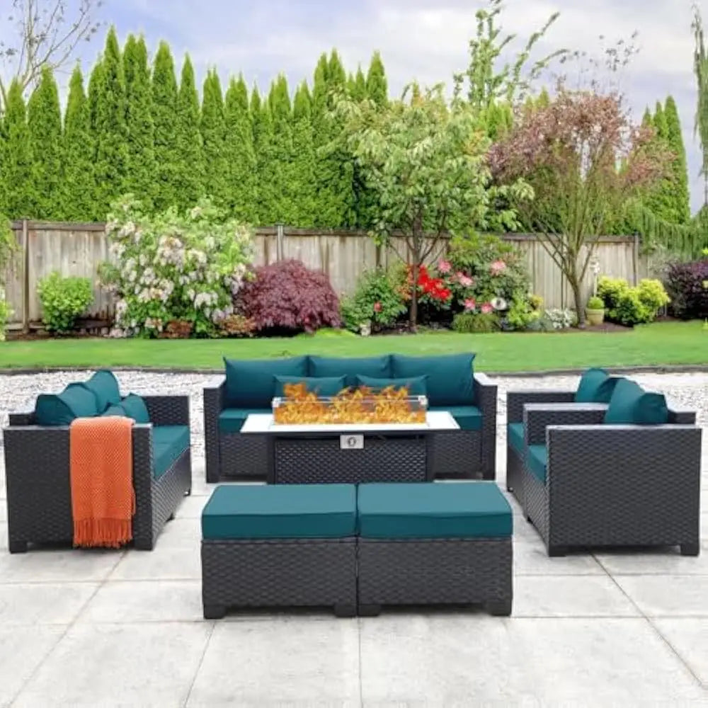7 Piec Outdoor Furniture Set with 45-Inch Propane Fire Pit Table, No-Slip Cushions and Waterproof Covers, Wicker Furniture Set