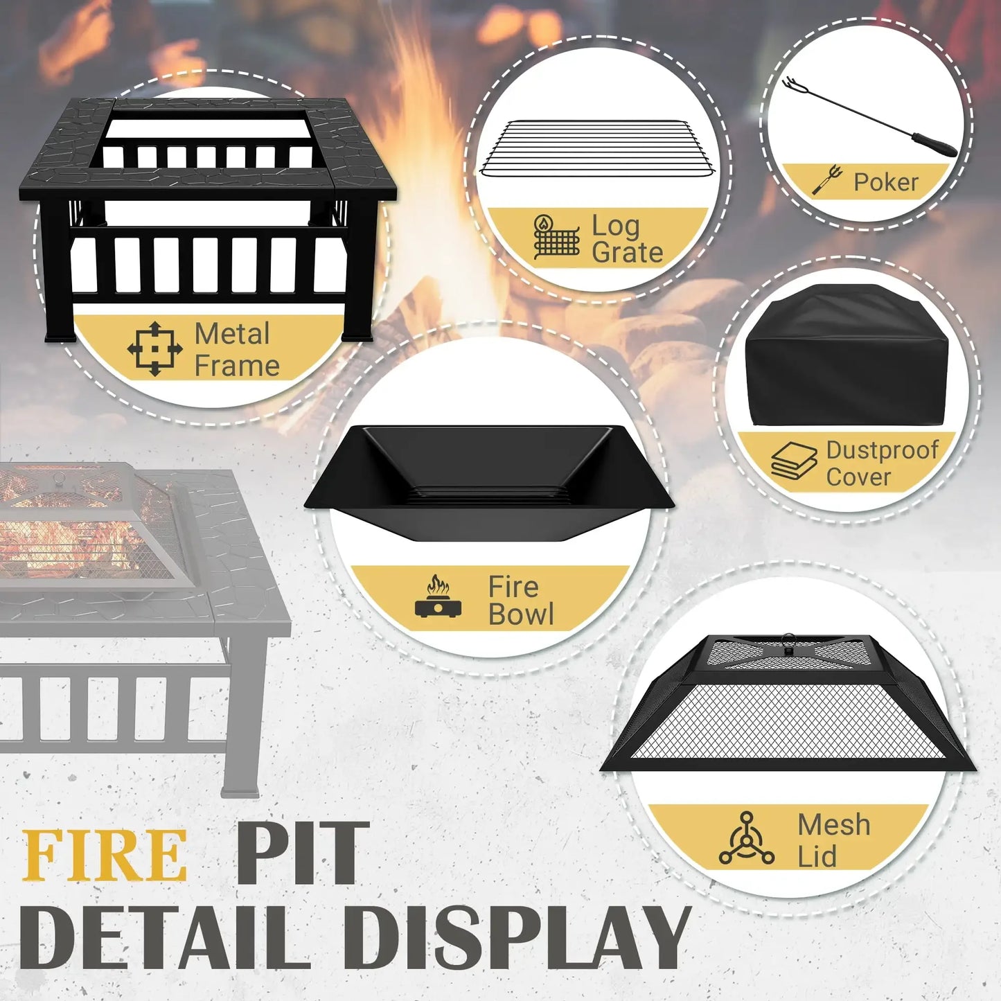 32" Patio Square Fire Pit Table for Patio Backyard BBQ, Ice Storage with Mesh Lid, Poker and Cover, Black