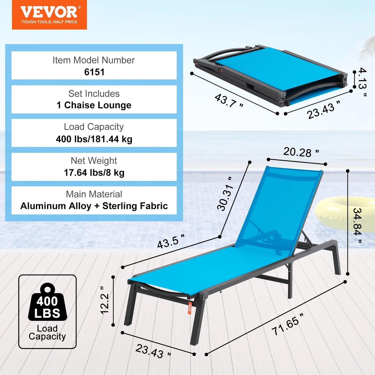 VEVOR Chaise Lounge Chair Outdoor Aluminum Patio LoungeFolding Pool Lounge Recliner Full Flat for Patio Beach Pool Dark Grey